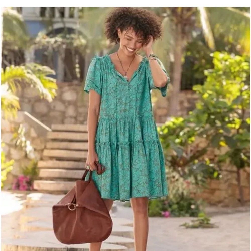 Sundance Liora Summer A-line Popover Tiered Ruffle Green Cotton Dress Size M - Picture 1 of 13